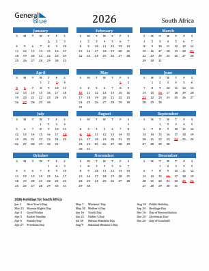 South Africa current year calendar 2026 with holidays