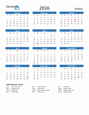 Zambia current year calendar 2026 with holidays