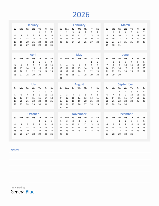 2026 Yearly Calendar