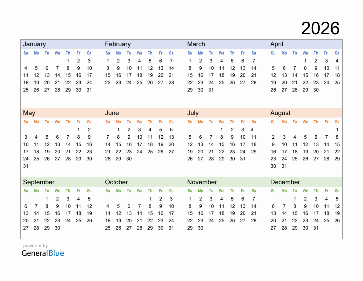 Free Downloadable 2026 Yearly Calendar Template Free Downloadable 2026 Yearly Calendar Template