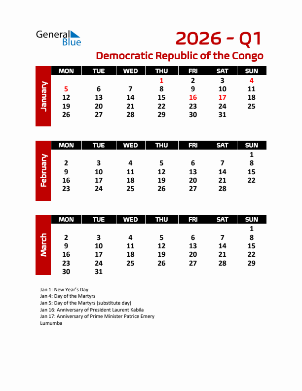 Q1 2026 Calendar with Holidays in Democratic Republic of the Congo