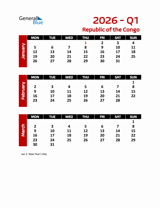 Q1 2026 Calendar with Holidays in Republic of the Congo