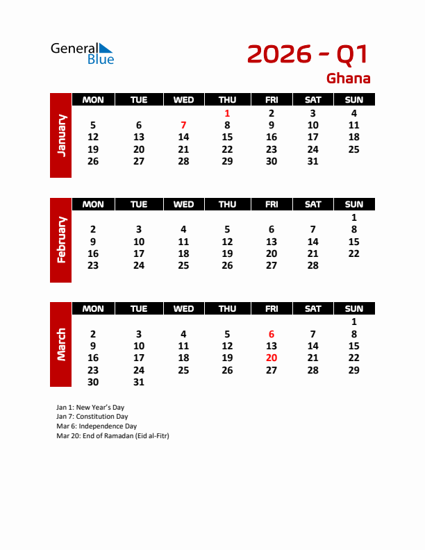 Q1 2026 Calendar with Holidays in Ghana