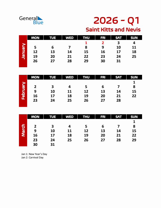 Q1 2026 Calendar with Holidays in Saint Kitts and Nevis