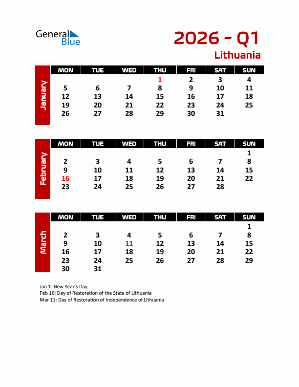Q1 2026 Calendar with Holidays in Lithuania