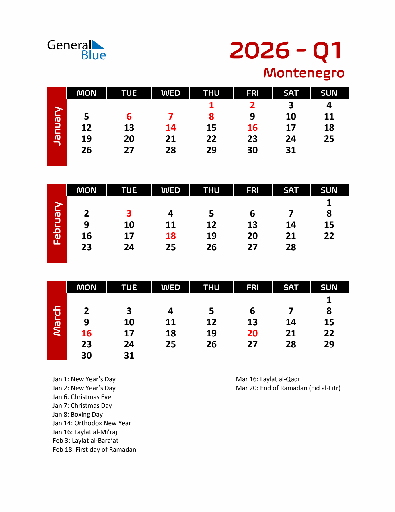 Q1 2026 Calendar with Holidays in Montenegro