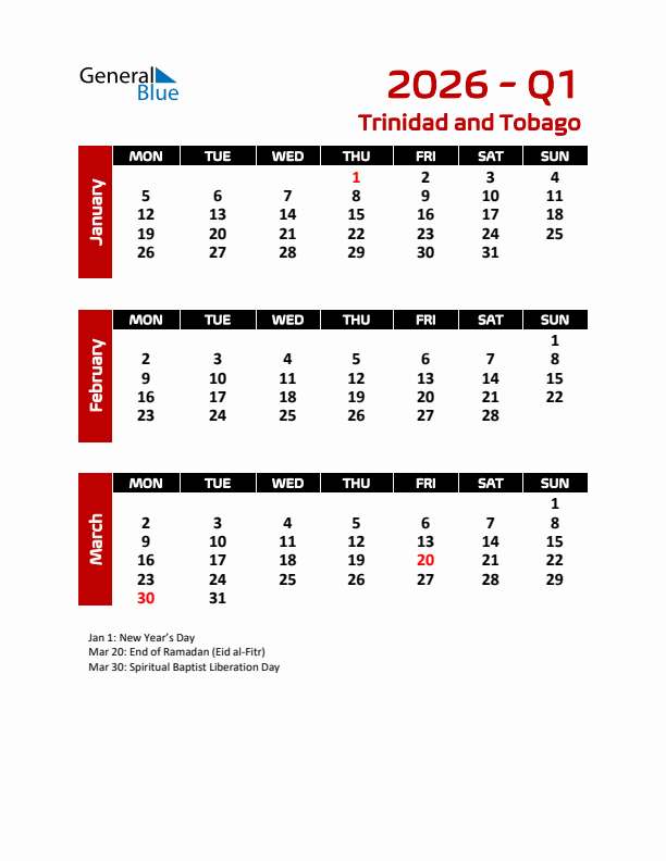 Q1 2026 Calendar with Holidays in Trinidad and Tobago
