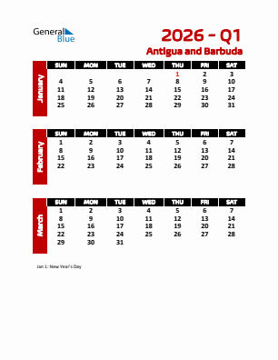 Antigua and Barbuda Quarter 1  2026 calendar template