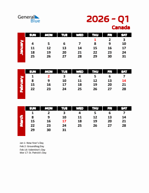 Canada Quarter 1  2026 calendar template