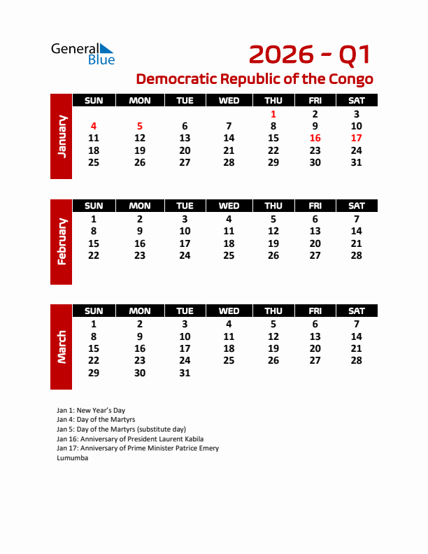 Q1 2026 Calendar with Holidays in Democratic Republic of the Congo