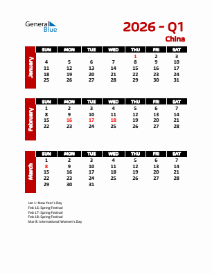 China Quarter 1  2026 calendar template