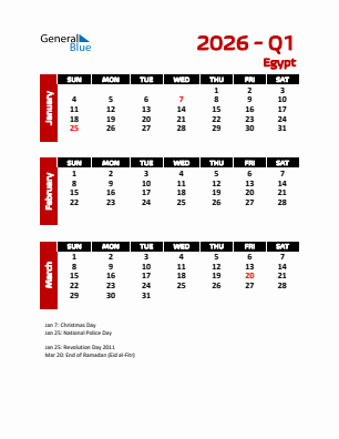 Egypt Quarter 1  2026 calendar template