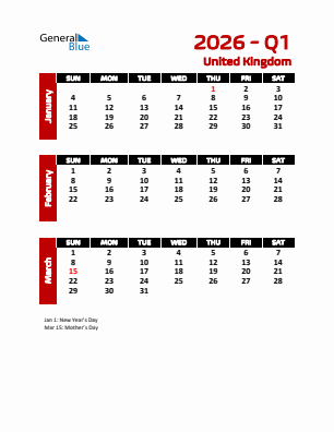 United Kingdom Quarter 1  2026 calendar template