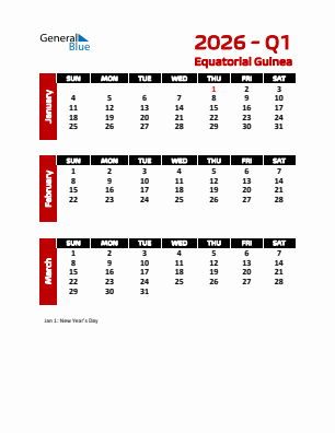 Equatorial Guinea Quarter 1  2026 calendar template