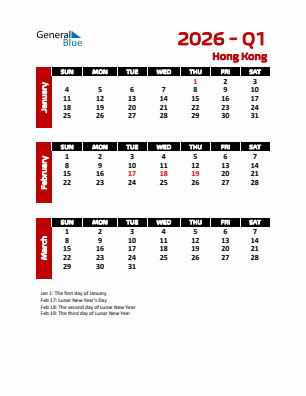 Hong Kong Quarter 1  2026 calendar template