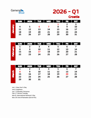 Croatia Quarter 1  2026 calendar template