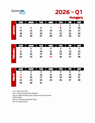 Hungary Quarter 1  2026 calendar template