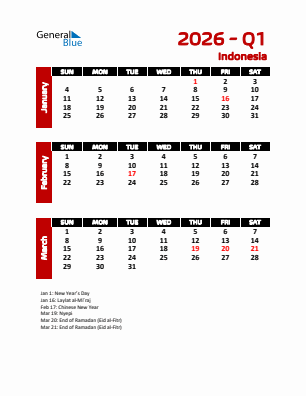 Indonesia Quarter 1  2026 calendar template
