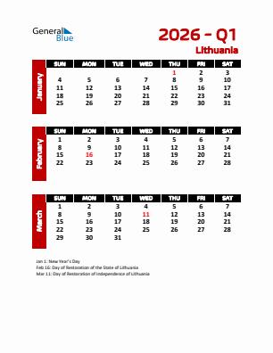 Lithuania Quarter 1  2026 calendar template