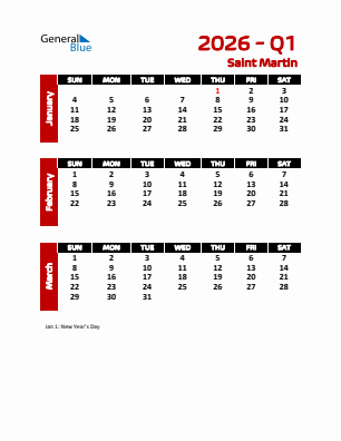 Saint Martin Quarter 1  2026 calendar template