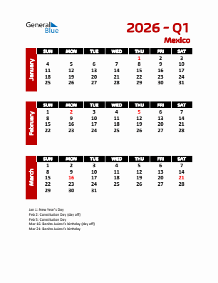 Mexico Quarter 1  2026 calendar template