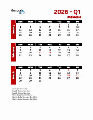 Malaysia Quarter 1  2026 calendar template