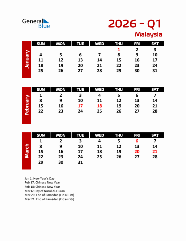 Q1 2026 Calendar with Holidays in Malaysia