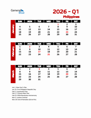 Philippines Quarter 1  2026 calendar template