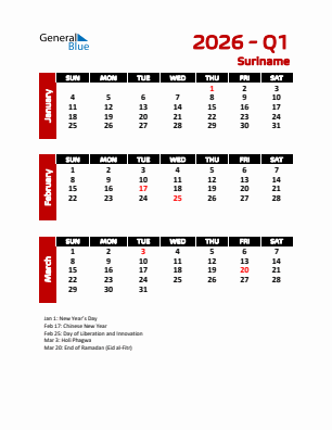 Suriname Quarter 1  2026 calendar template