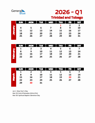 Trinidad and Tobago Quarter 1  2026 calendar template