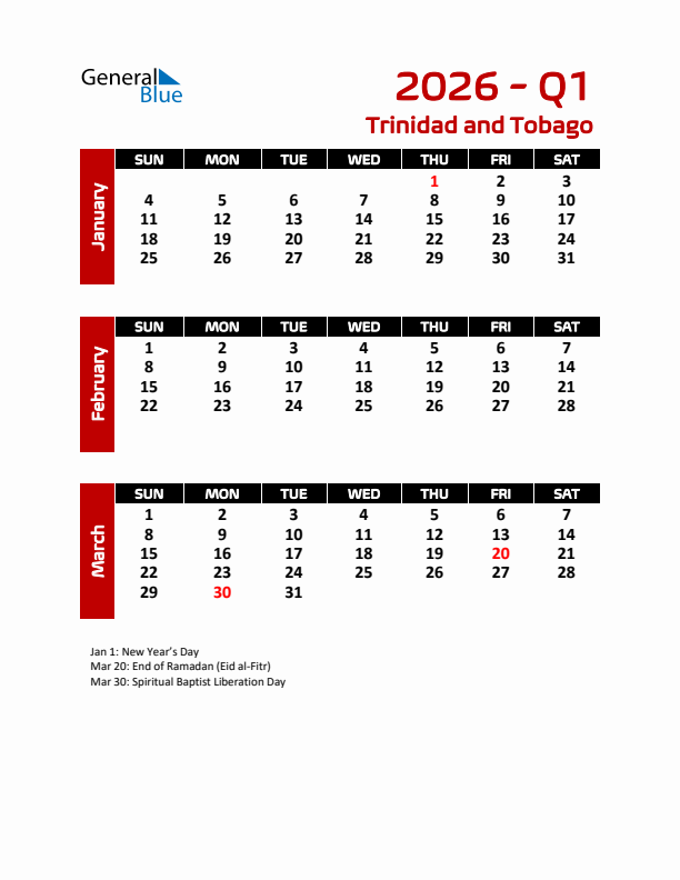Q1 2026 Calendar with Holidays in Trinidad and Tobago