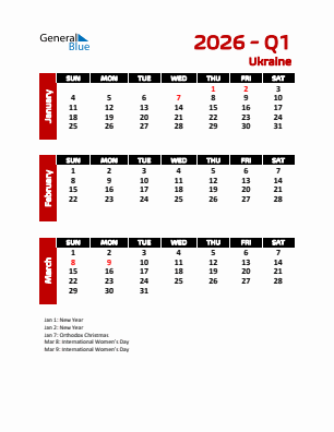 Ukraine Quarter 1  2026 calendar template