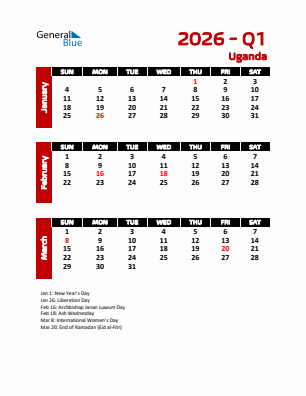 Uganda Quarter 1  2026 calendar template