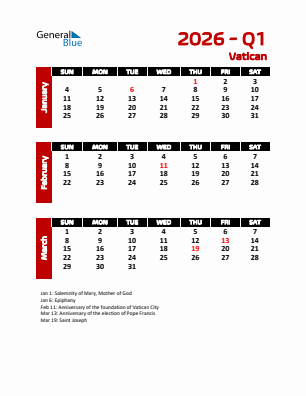 Vatican Quarter 1  2026 calendar template