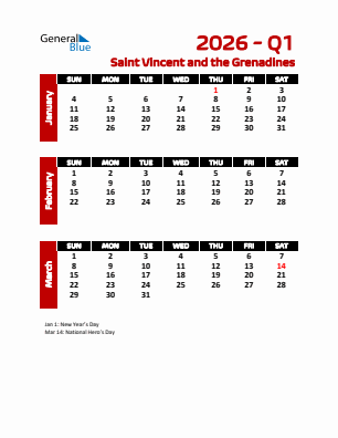 Saint Vincent and the Grenadines Quarter 1  2026 calendar template