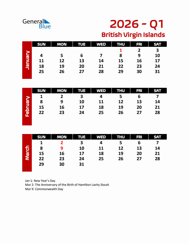 Q1 2026 Calendar with Holidays in British Virgin Islands
