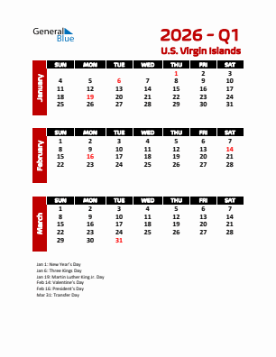 U.S. Virgin Islands Quarter 1  2026 calendar template