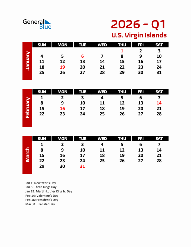 Q1 2026 Calendar with Holidays in U.S. Virgin Islands