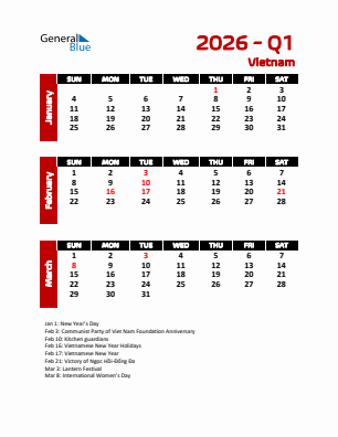 Vietnam Quarter 1  2026 calendar template