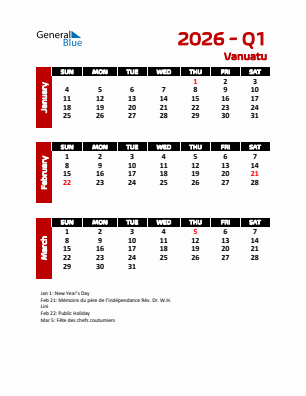 Vanuatu Quarter 1  2026 calendar template