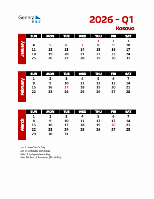 Kosovo Quarter 1  2026 calendar template