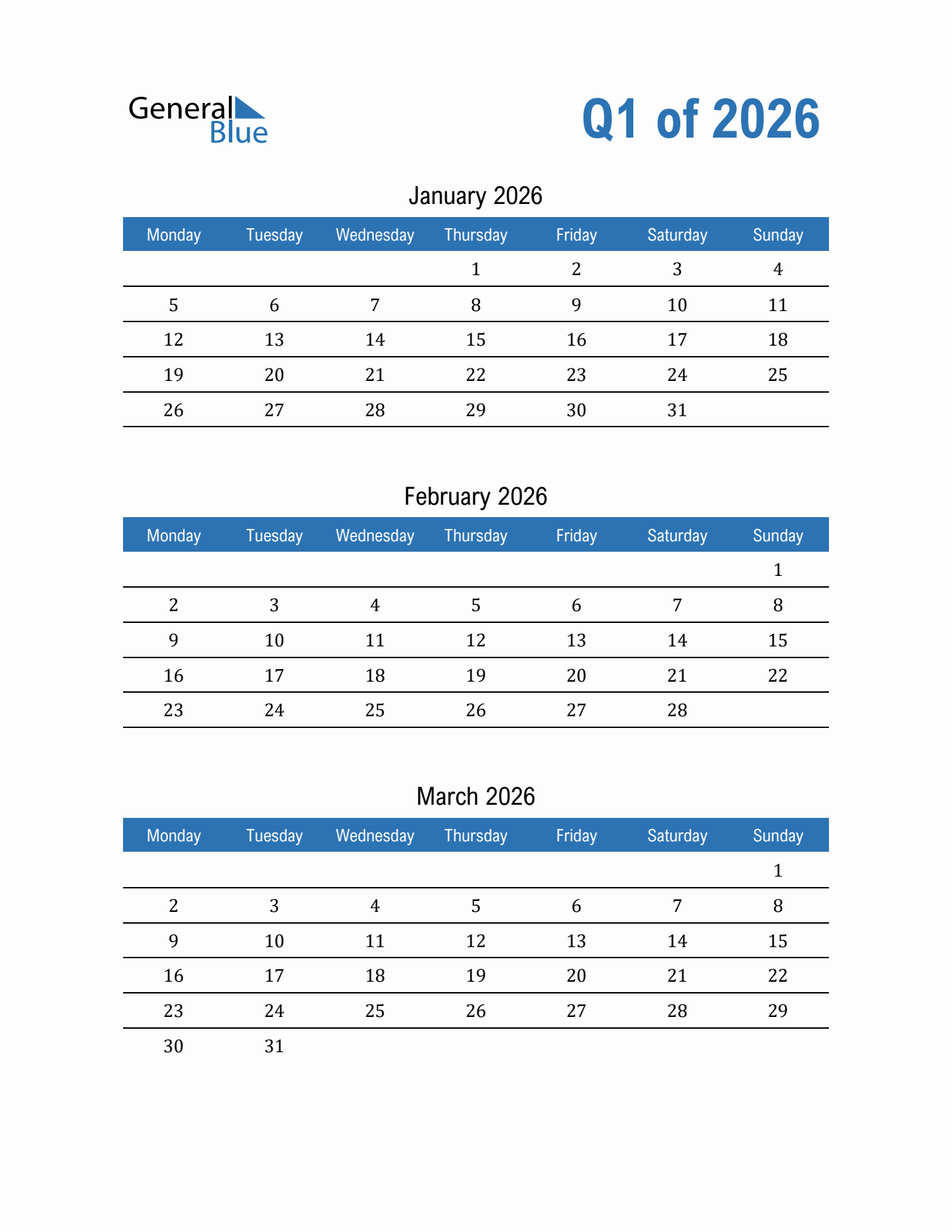 Three-Month Calendar Template - Quarter 1 of 2026