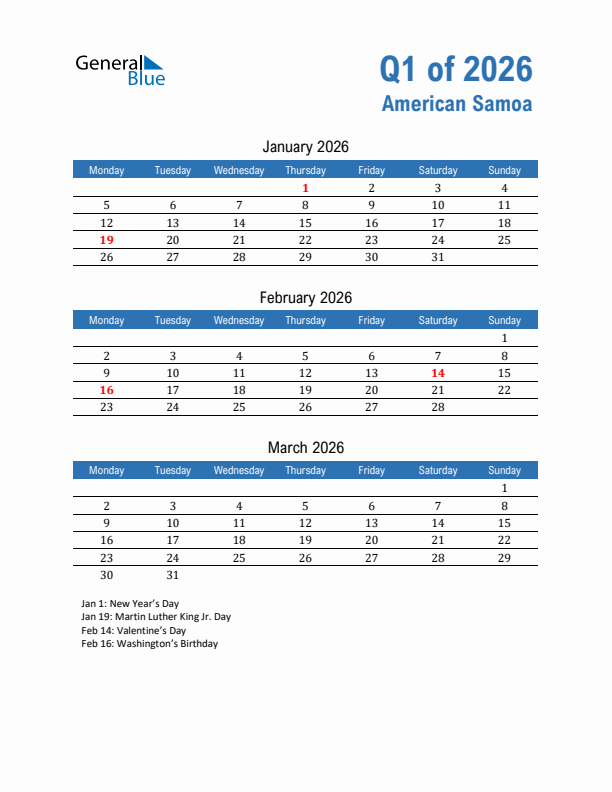 American Samoa Q1 2026 Quarterly Calendar with Monday Start