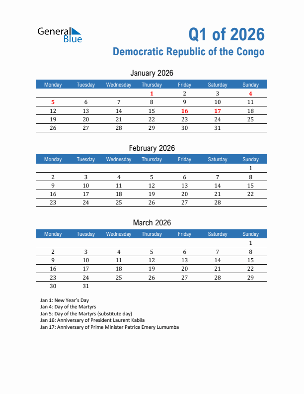 Democratic Republic of the Congo Q1 2026 Quarterly Calendar with Monday Start