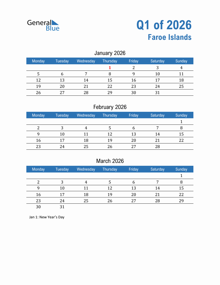Faroe Islands 2026 Quarterly Calendar with Monday Start
