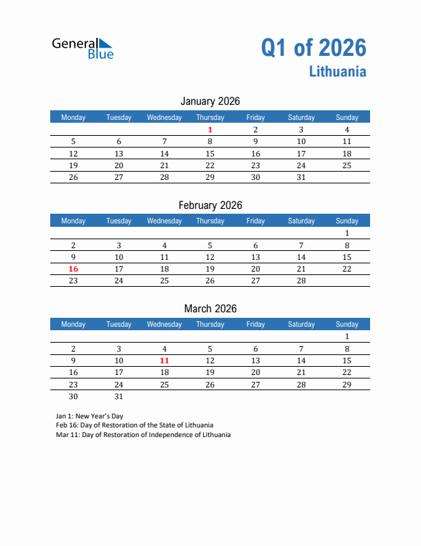 Lithuania Q1 2026 Quarterly Calendar with Monday Start