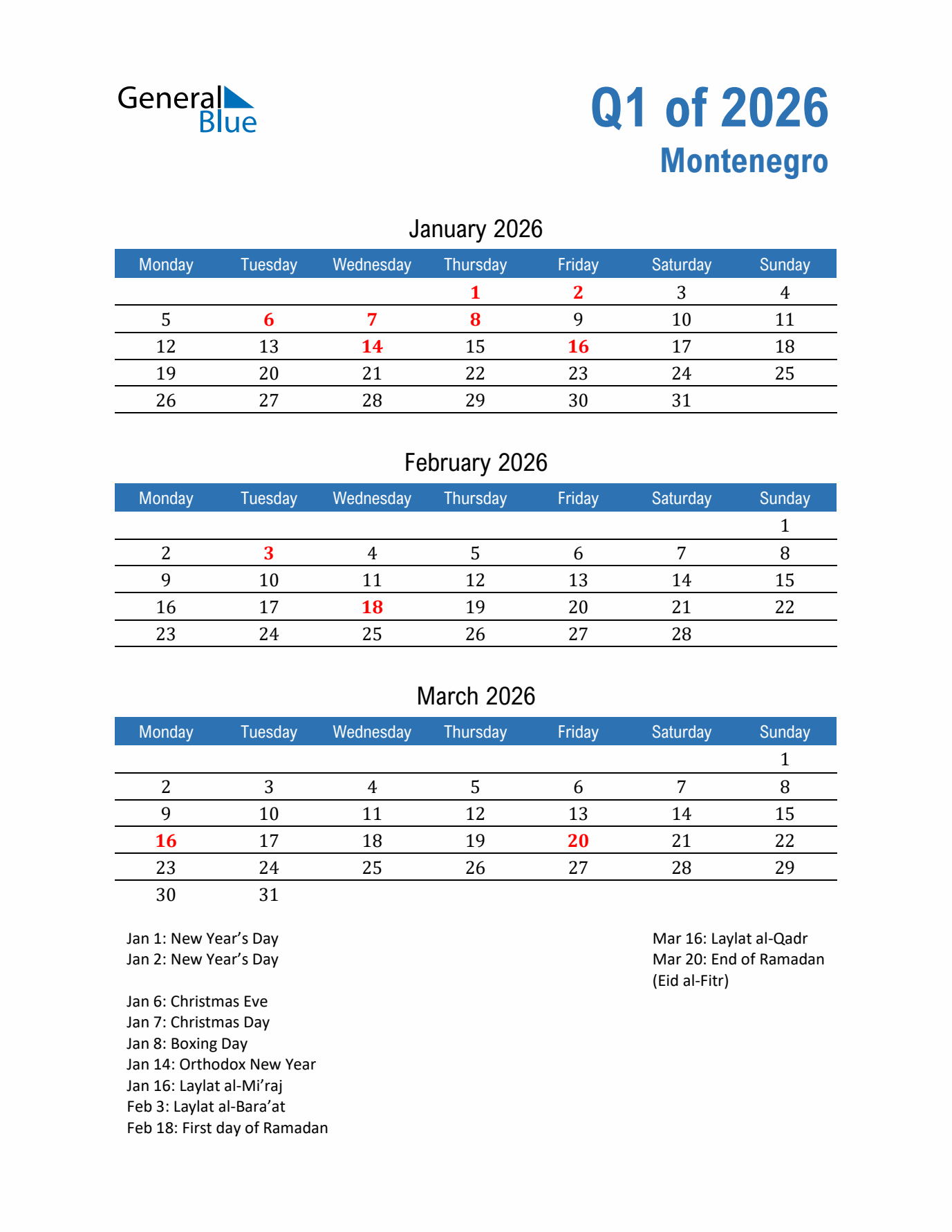 Montenegro Q1 2026 Quarterly Calendar with Monday Start