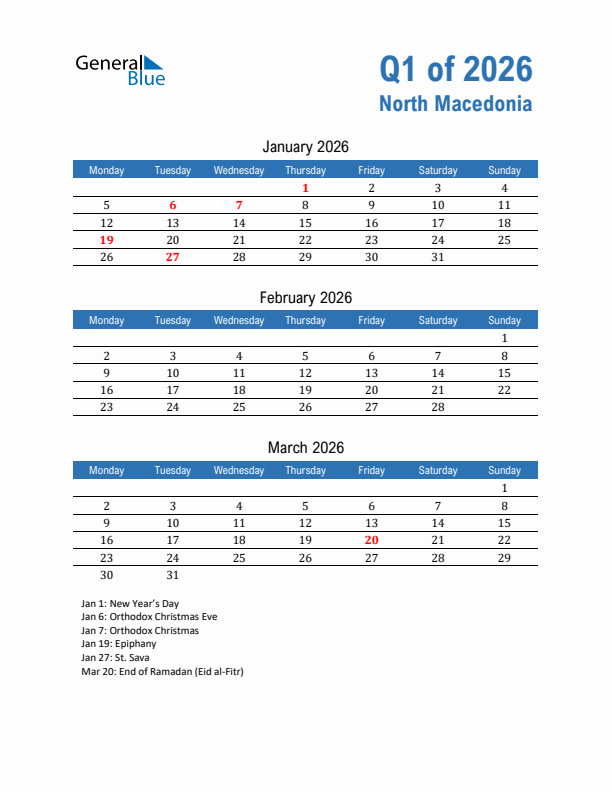 North Macedonia Q1 2026 Quarterly Calendar with Monday Start
