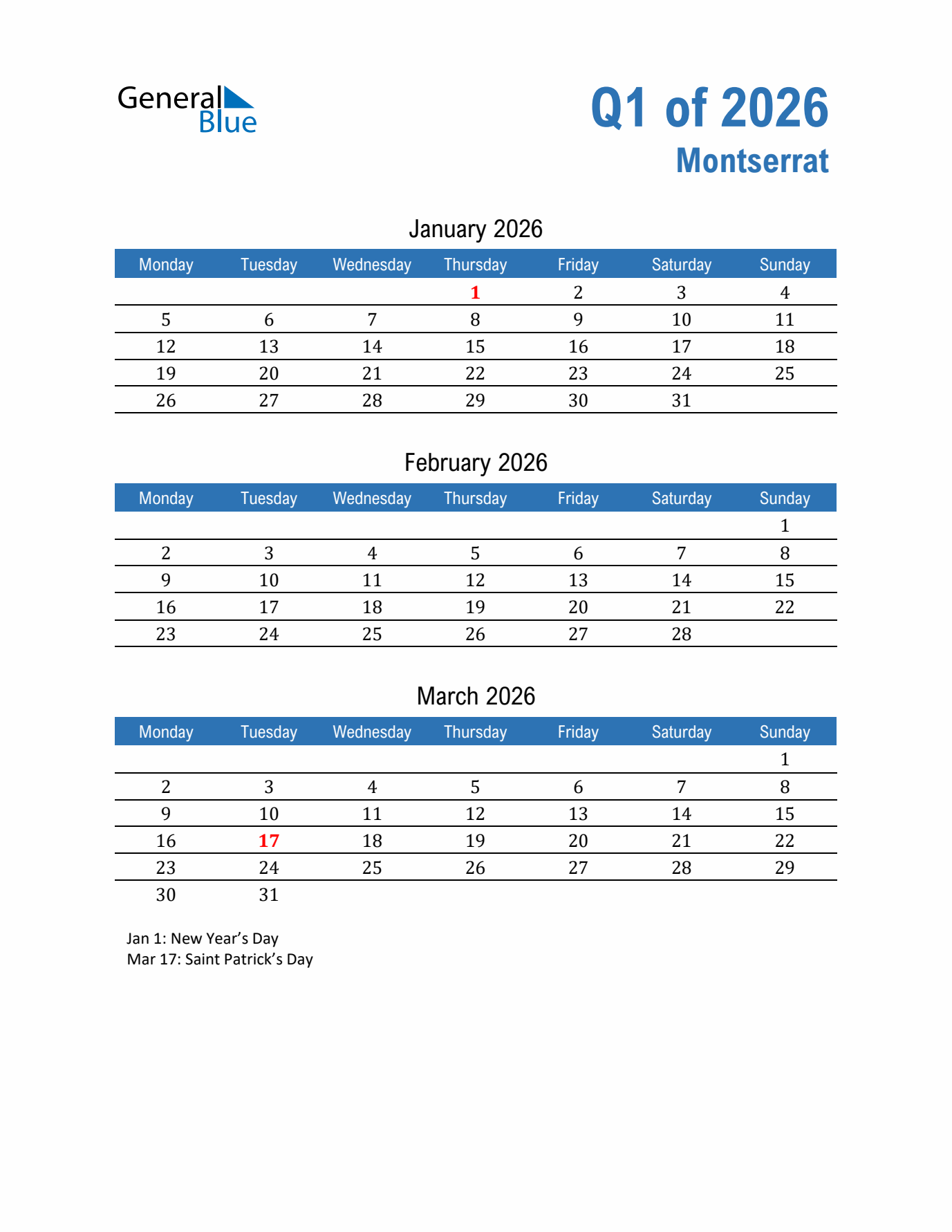 Montserrat Q1 2026 Quarterly Calendar with Monday Start