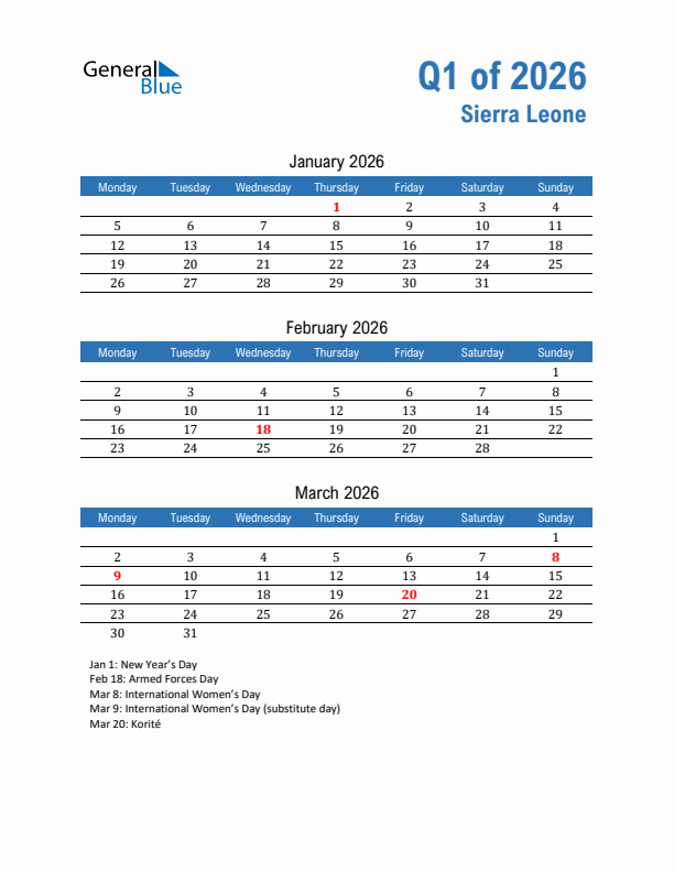 Sierra Leone Q1 2026 Quarterly Calendar with Monday Start